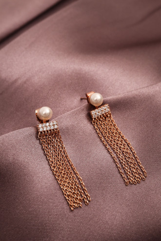 Incili Zincir Sallantılı Rose Küpe