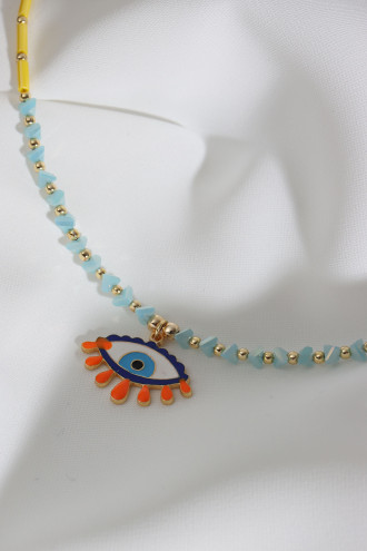 Renkli Mineli Göz Uçlu Sarı Boncuk Kolye