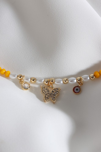 Kelebek Charmlı İnci Detay Sarı Boncuk Kolye