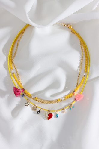 3'Lü Gold Renk Zincir Detaylı Sarı Boncuk Charm Kolye