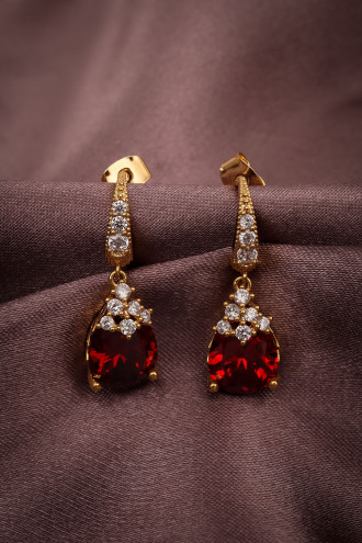 Kırmızı Taşlı Gold Renk Abiye Küpe