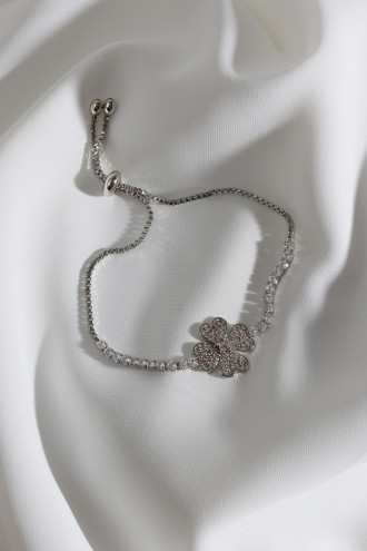 Gümüş Renk Zircon Taşlı Yonca Su Yolu Asansörlü Bileklik