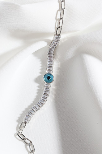 Baget Zircon Taşlı Nazar Boncuklu Gümüş Renk Zincir Bileklik