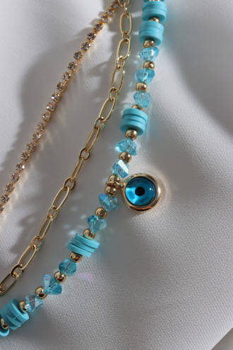 3'Lü Gold Renk Su Yolu Detaylı Mavi Boncuklu Nazar Bileklik