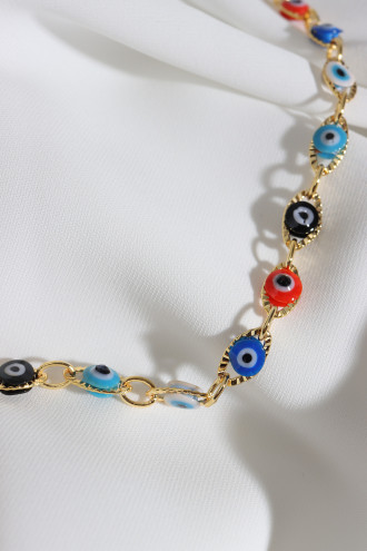 Renkli Damla Gözlü Gold Renk Kolye