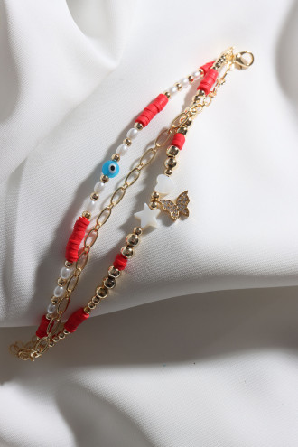 3Lü Kelebek Uçlu Kırmızı Renk Fimo Boncuklu Bileklik