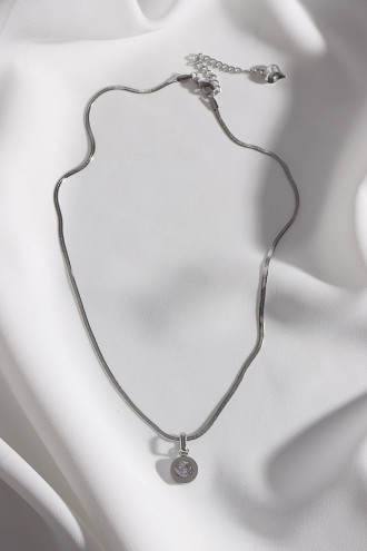 Zircon Taş Sallantılı Yassı Italyan Zincirli Çelik Gümüş Renk Kolye