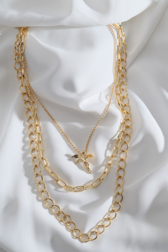 3'Lü Melek Uçlu Gold Renk Zincir Kolye