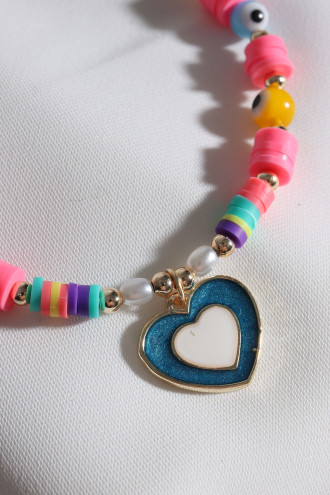 Pembe Fimo Boncuklu Lacivert Mineli Kalp Bileklik