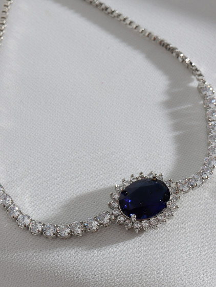 Oval Lacivert Zircon Taşlı Anturaj Gümüş Renk Su Yolu Asansörlü Bileklik