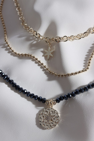 Antrasit Kristal Taşlı 3'Lü Gold Renk Kolye