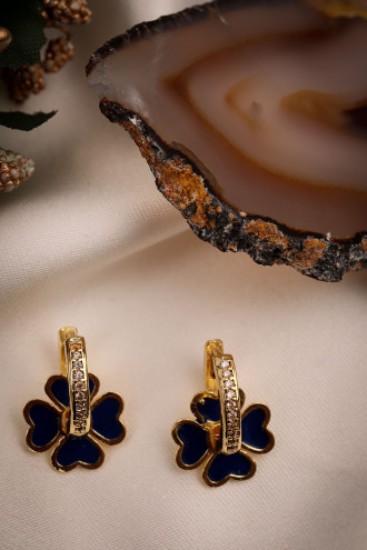 Lacivert Mineli Çiçek Charmlı Gold Renk Halka Küpe