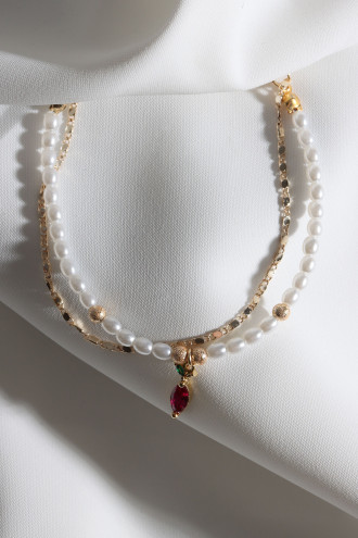 2'Li İnci Ve Gold Renk Zincirli Kırmızı Taşlı Armut Uçlu Bileklik