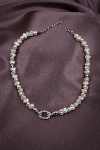 Taşlı Oval Halka Uçlu Gümüş Renk Inci Kolye