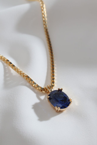 Lacivert Büyük Tek Taşlı Gold Renk Kolye