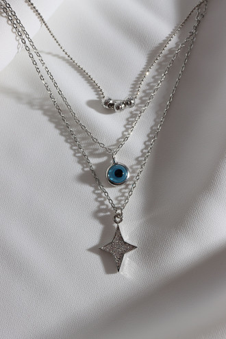 3'Lü Kutup Yıldızı Ve Nazar Figürlü Gümüş Renk Kolye