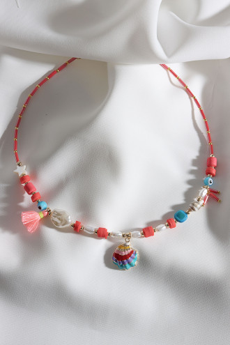 Kırmızı Renkli İnci Detay Deniz Kabuğu Uçlu Boncuk Kolye