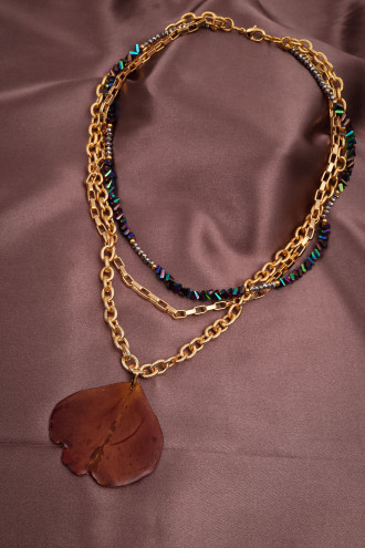 Çoklu Zincirli Gerçek Kırmızı Gül Yapraklı Gold Renk Kolye