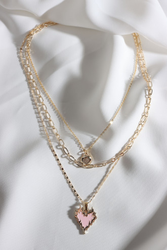 Mavi Mineli 3'Lü Gold Renk Alevli Kalp Zincir Kolye