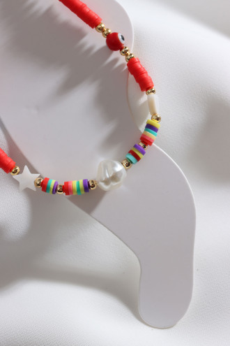 Kırmızı Fimo Boncuklu İnci Uçlu Halhal