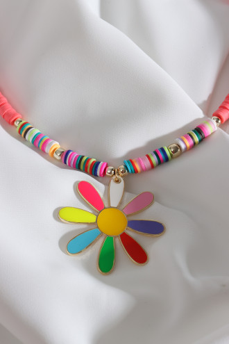 Pembe Fimo Boncuklu Renkli Mineli Papatya Kolye