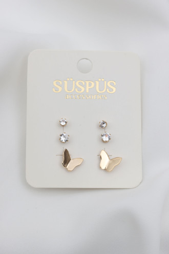 6'Lı Tek Taşlı Kelebek Gold Renk Küpe