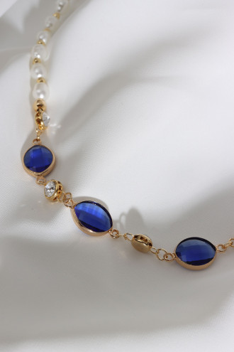 Lacivert Oval Taşlı İnci Kolye