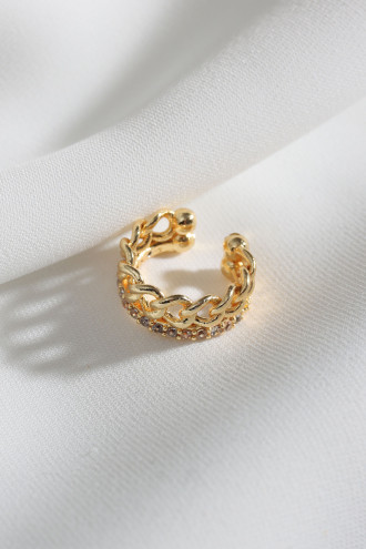 Iki Sıralı Taşlı Tek Sıkıştırmalı Gold Renk Kıkırdak Küpe