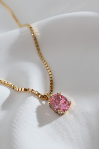 Pembe Büyük Tek Taşlı Gold Renk Kolye