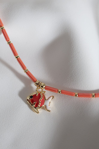Turuncu Boncuklu Kırmızı Mineli Balık Figür Kolye