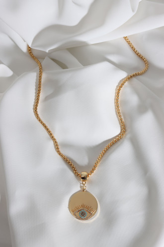 Uzun Zincirli Gold Renk Plaka Üzeri Taşlı Göz Kolye