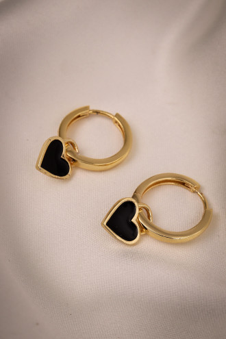 Siyah Mineli Kalp Charm Gold Renk Halka Küpe