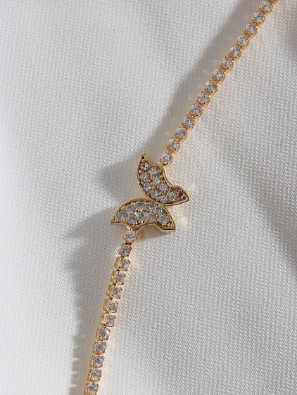 Kelebek Figürlü Zircon Taşlı Gold Renk Suyolu Bileklik