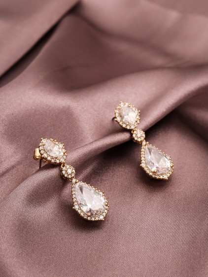Zircon Taşlı Gold Renk Sallantılı Abiye Küpe