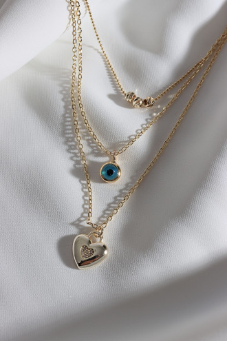 3'Lü Kalp Ve Nazar Uçlu Gümüş Renk Kolye