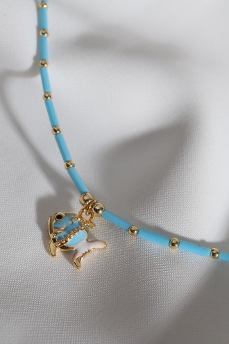 Mavi Boncuklu Mavi Mineli Balık Figür Kolye