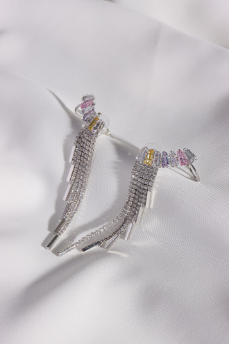 Renkli Baget Taşlı Sallantılı Uzun Süzme Abiye Küpe