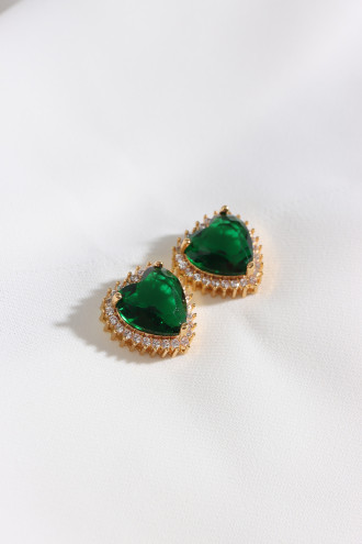 Yeşil Taşlı Gold Renk Kalp Küpe