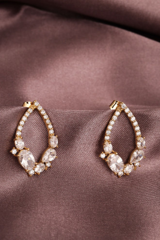 Zircon Taşlı Gold Renk Oval Abiye Küpe