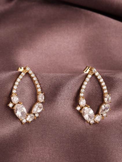 Zircon Taşlı Gold Renk Oval Abiye Küpe