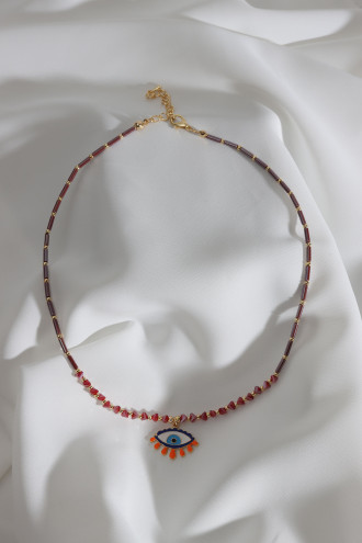 Renkli Mineli Göz Uçlu Kırmızı Boncuk Kolye