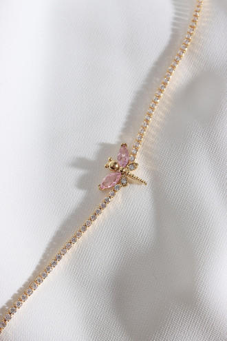 Pembe Taşlı Yusufçuk Figürlü Zircon Taş Gold Renk Suyolu Bileklik