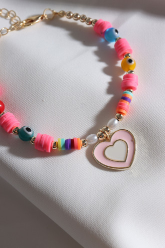 Pembe Fimo Boncuklu Pembe Mineli Kalp Bileklik