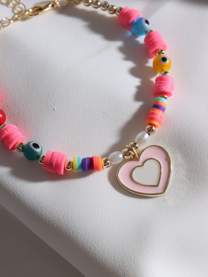 Pembe Fimo Boncuklu Pembe Mineli Kalp Bileklik