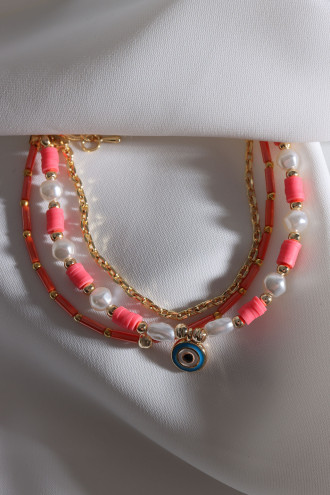 Pembe Fimo Boncuklu İnci Detay 3'Lü Nazar Boncuklu Bileklik