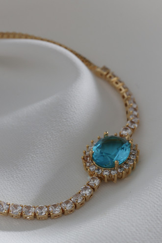 Oval Mavi Zircon Taşlı Anturaj Gold Renk Su Yolu Asansörlü Bileklik