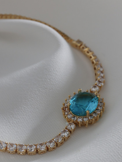 Oval Mavi Zircon Taşlı Anturaj Gold Renk Su Yolu Asansörlü Bileklik