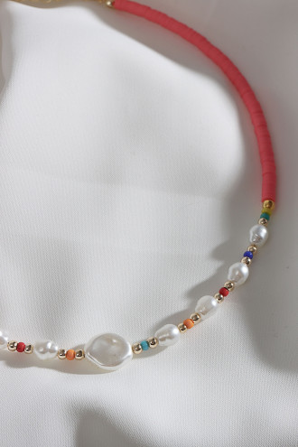 Pembe Fimo İnci Detay Boncuk Kolye