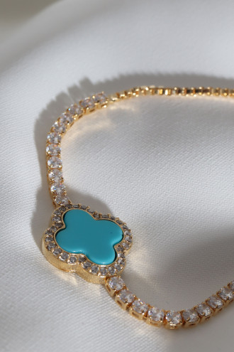 Mavi Mineli Yonca Asansörlü Gold Renk Bileklik