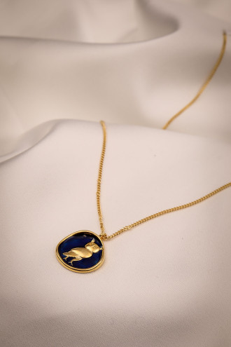 Lacivert Mineli Baykuş Figürlü Gold Renk Kolye